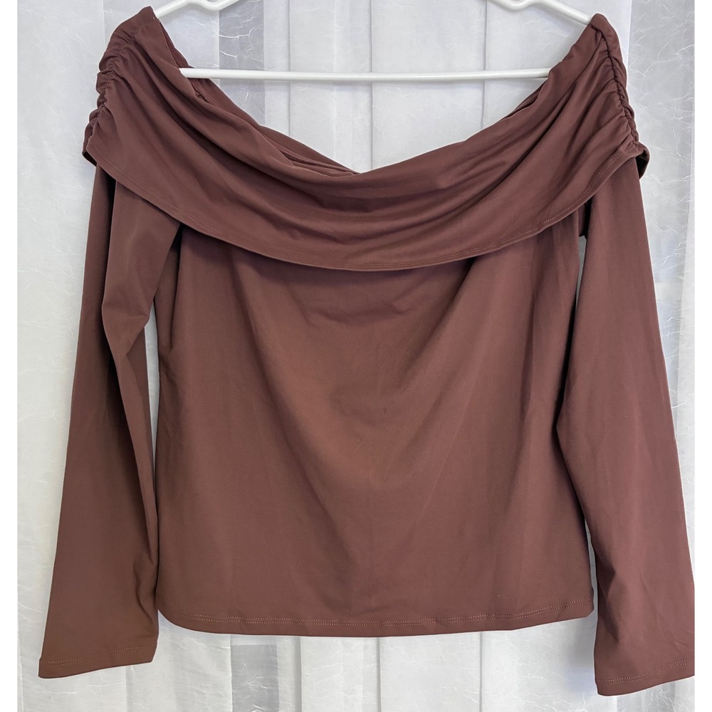 Trendy Queen Brown Off The Shoulder Long Sleeve Top Large Slim Fit Ruched Neck